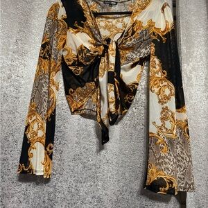 Fashion Nova Baroque Print Tie-Front Crop Top - Black, Gold, White